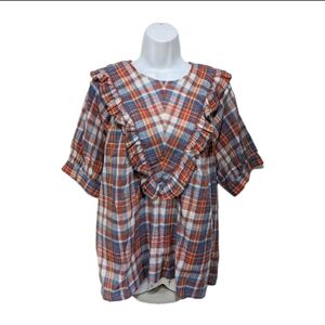 NWT Terra & Sky Ruffle Woven Blouse 14W Long Sleeve Plaid Western Prairie #5000